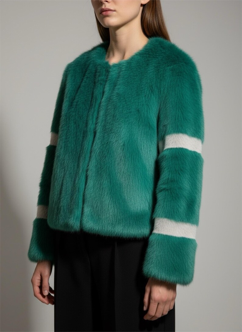 Op de afbeelding: Een felgroene imitatiebontjas met een ronde halslijn en lange mouwen. De mouwen hebben twee horizontale lichtgrijze banden. De jas wordt over een zwarte broek gedragen.