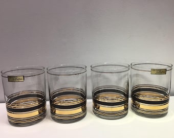 CULVER (4) ZELDZAME Lowball-whiskyglazen zwarte en 24-karaats gouden streep, onberispelijke staat