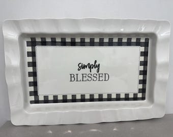 Plateau de service/décor blanc et noir SIMPLY BLESSED 22 po. X 14,5 po. EUC
