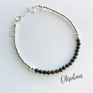 Sterling Silver Black Obsidian Bracelet For Women, Adjustable Gemstone Yoga Meditation Bracelet, Healing Crystals Chakra Energy Bracelet