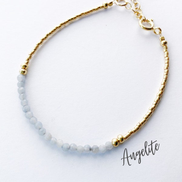 14k Gold Angelite Bracelet For Women, Adjustable Gemstone Yoga Meditation Bracelet, Healing Crystals Chakra Energy Bracelet