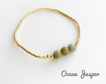 Ocean Jasper Stretch Bracelet, Gemstone Yoga Meditation Bracelet, Healing Crystals Chakra Energy Bracelet, Dainty Gold Womens Bracelet