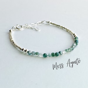 Sterling Silver Moss Agate Bracelet For Women, Adjustable Gemstone Yoga Meditation Bracelet, Healing Crystals Chakra Energy Bracelet