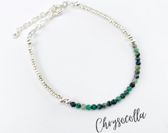 Sterling Silver Chrysocolla Bracelet For Women, Adjustable Gemstone Yoga Meditation Bracelet, Healing Crystals Chakra Energy Bracelet