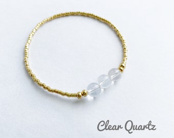 April Birthstone Clear Quartz Stretch Bracelet For Women, Dainty Gold Womens Gemstone Yoga Bracelet, Healing Crystals Chakra Energy Bracelet