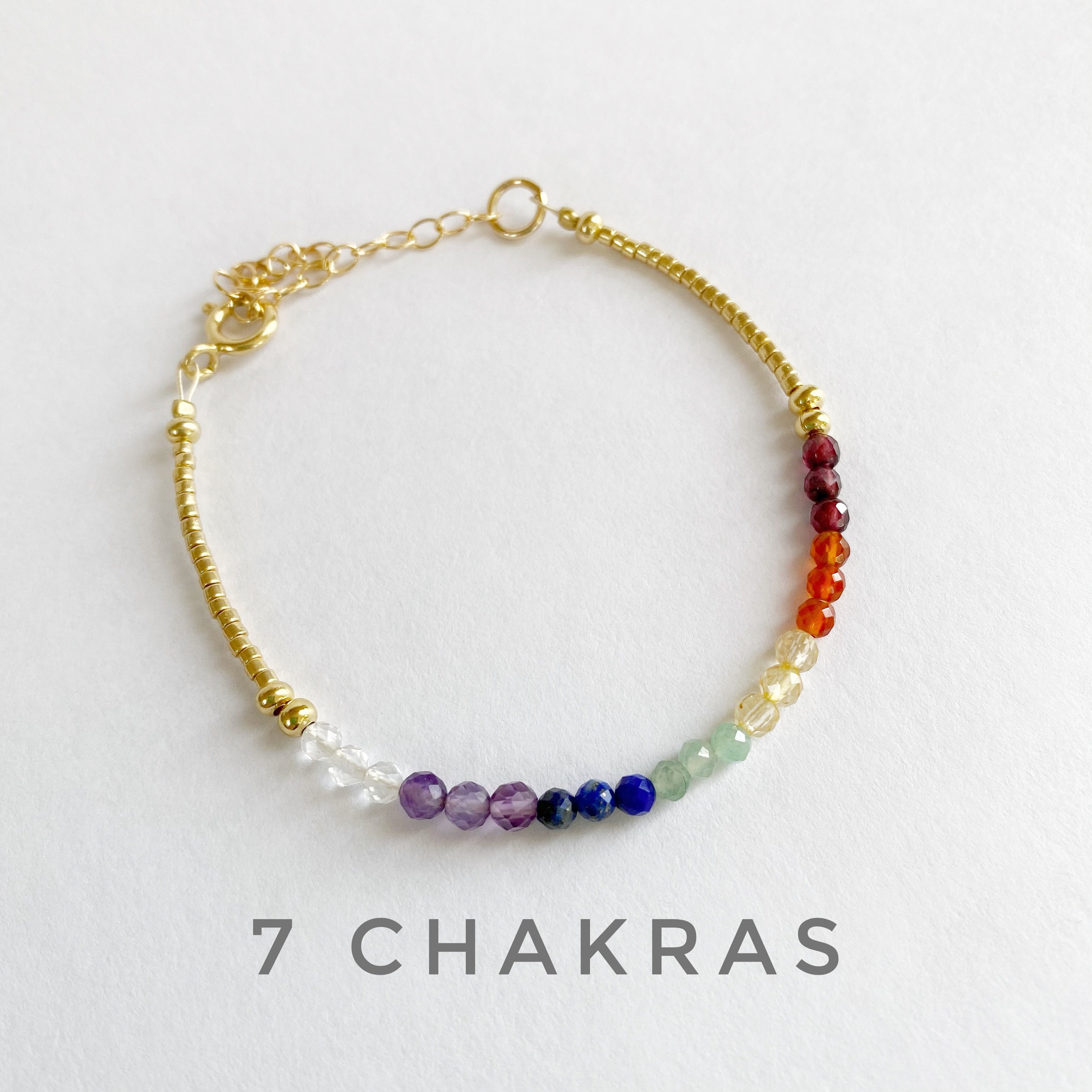 7 Chakra Bracelet Adjustable Cord gemstones Seven Chakras 4mm Beads-goldfilled  Sterling Silver Meditation yoga Healing handmade. 