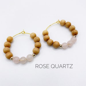 Rose Quartz Gemstone And Cedar Wood Bead Hoop Earrings, 30mm Medium Gold or Silver Hoop Earrings, Healing Crystal Jewelry For Women