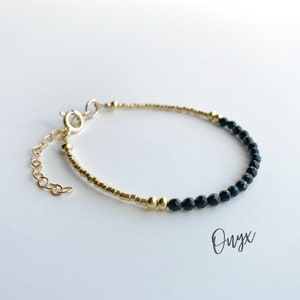 14k Gold Black Onyx Bracelet For Women, Adjustable Gemstone Yoga Meditation Bracelet, Healing Crystals Chakra Energy Bracelet