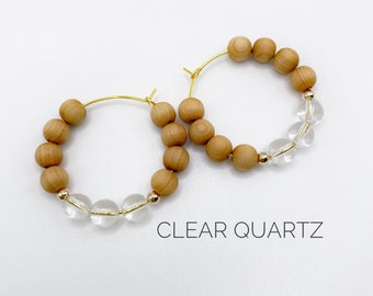 Clear Quartz Gemstone And Cedar Wood Bead Hoop Earrings, 30mm Medium Gold or Silver Hoop Earrings, Healing Crystal Jewelry For Women