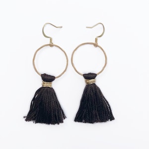Women&#39;s Dark Brown Tassel Earrings, Gold Hoop Guitar String Earrings