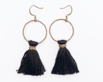 Women's Dark Brown Tassel Earrings, Gold Hoop Guitar String Earrings