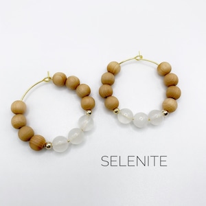 Selenite Gemstone And Cedar Wood Bead Hoop Earrings, 30mm Medium Gold or Silver Hoop Earrings, Healing Crystal Jewelry For Women