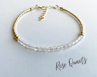 14k Gold Rose Quartz Bracelet For Women, Adjustable Gemstone Yoga Meditation Bracelet, Healing Crystals Chakra Energy Bracelet