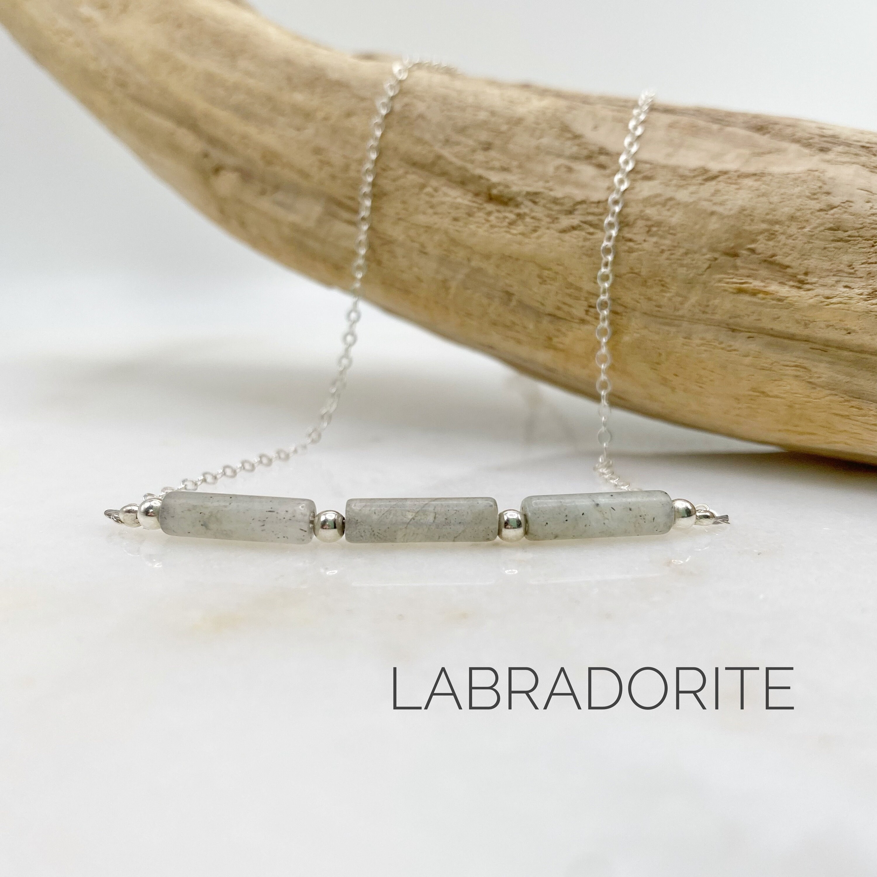 Labradorite Genuine Gemstone Beaded Bar Necklace, Dainty Healing Crystal Necklace For Women, Gold Filled, Sterling Silver, Minimalist Design