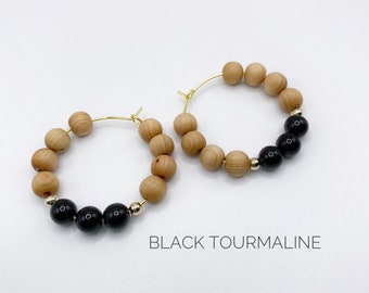 Black Tourmaline Gemstone And Cedar Wood Bead Hoop Earrings, 30mm Medium Gold or Silver Hoop Earrings, Healing Crystal Jewelry For Women
