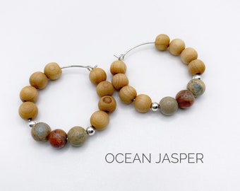 Ocean Jasper Gemstone And Cedar Wood Bead Hoop Earrings, 30mm Medium Gold or Silver Hoop Earrings, Healing Crystal Jewelry For Women