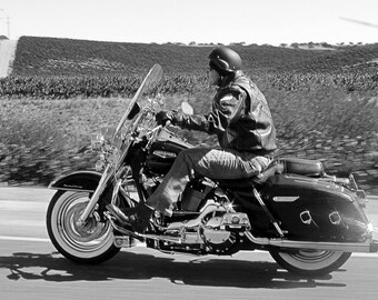 Atemberaubendes Panoramabild des Harley Davidson Fahrers auf der Freeway - Original Fotografie in Archivqualität 45 x 22 cm