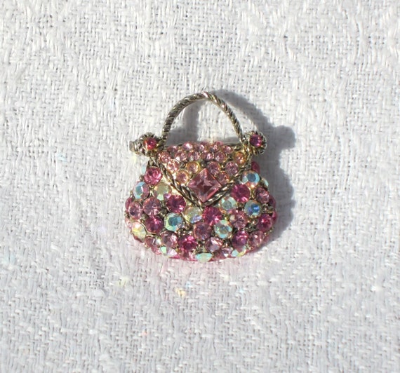 REDUCED USD 3 - Vtg 00s Pink Rhinestone Purse Pin