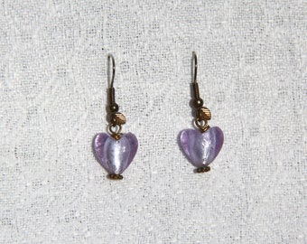 Purple Glass Heart Earrings