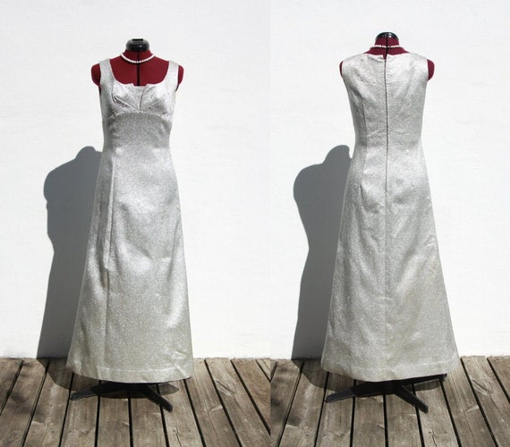 Vtg 60s Long Silver Lamé Dress