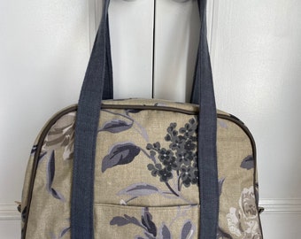 Handbag , grey fabric zip closure handmade unique