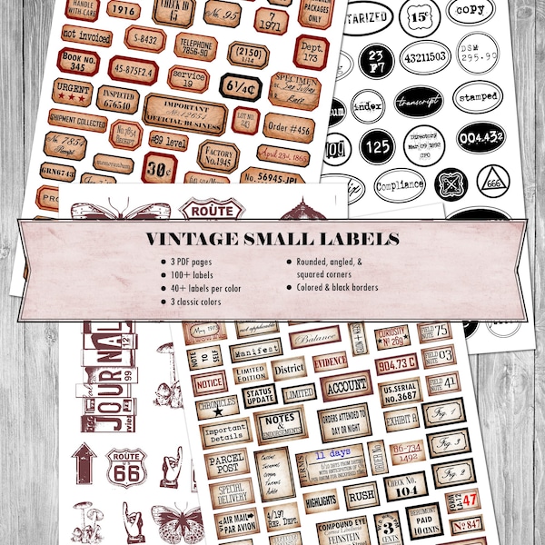 Tiny labels, vintage ephemera, printable embellishments, junk journal embellishments ephemera stickers