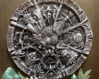 Witch wheel of the year wall plaque in silver coloured finish