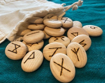 Handmade wooden pebble runes pyrograph