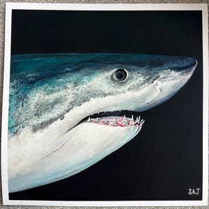 Giclee Print Great White Shark Wall Art Print – Hyper Realistic Shark Painting Reproduction – Ocean Predator Giclee print