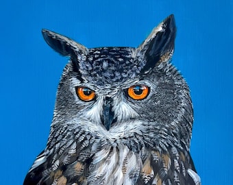 Pintura acrílica de búho sobre papel - Búho real Arte de la vida salvaje británica