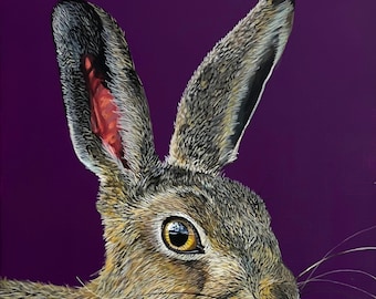 Pintura acrílica de liebre sobre papel - Arte animal de la vida salvaje británica de conejos