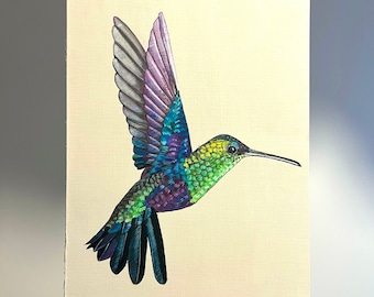 Pintura de colibrí - Pintura acrílica original de pájaro tropical colorido