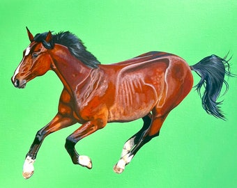 Caballo corriendo - Pintura acrílica original de un caballo marrón de carreras salvaje sobre lienzo de estilo rústico.