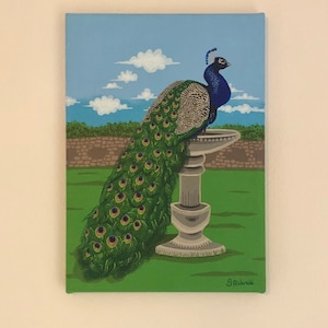 Original Peacock Acrylic Painting: Elegant Bird on Canvas (A4)