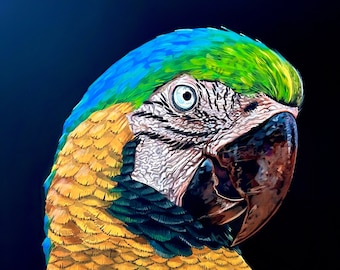 Pintura original sobre lienzo de un guacamayo azul y dorado - Arte de aves tropicales