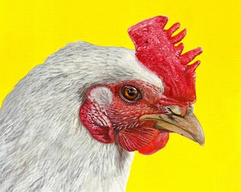 Pintura de pollo sobre amarillo neón - Arte pop audaz de animales de granja de la granja