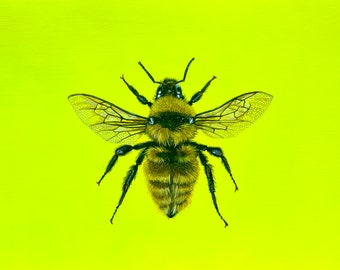 Pintura acrílica de abejorro neón: arte original de insectos (25,4 x 18,8 cm)
