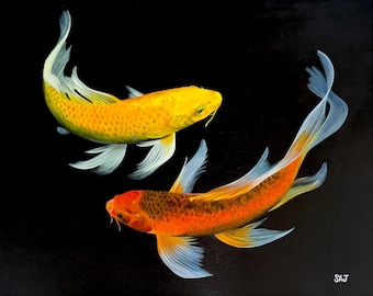 Cuadro de peces koi de llama gemela / Arte mural acrílico, lienzo con fondo negro