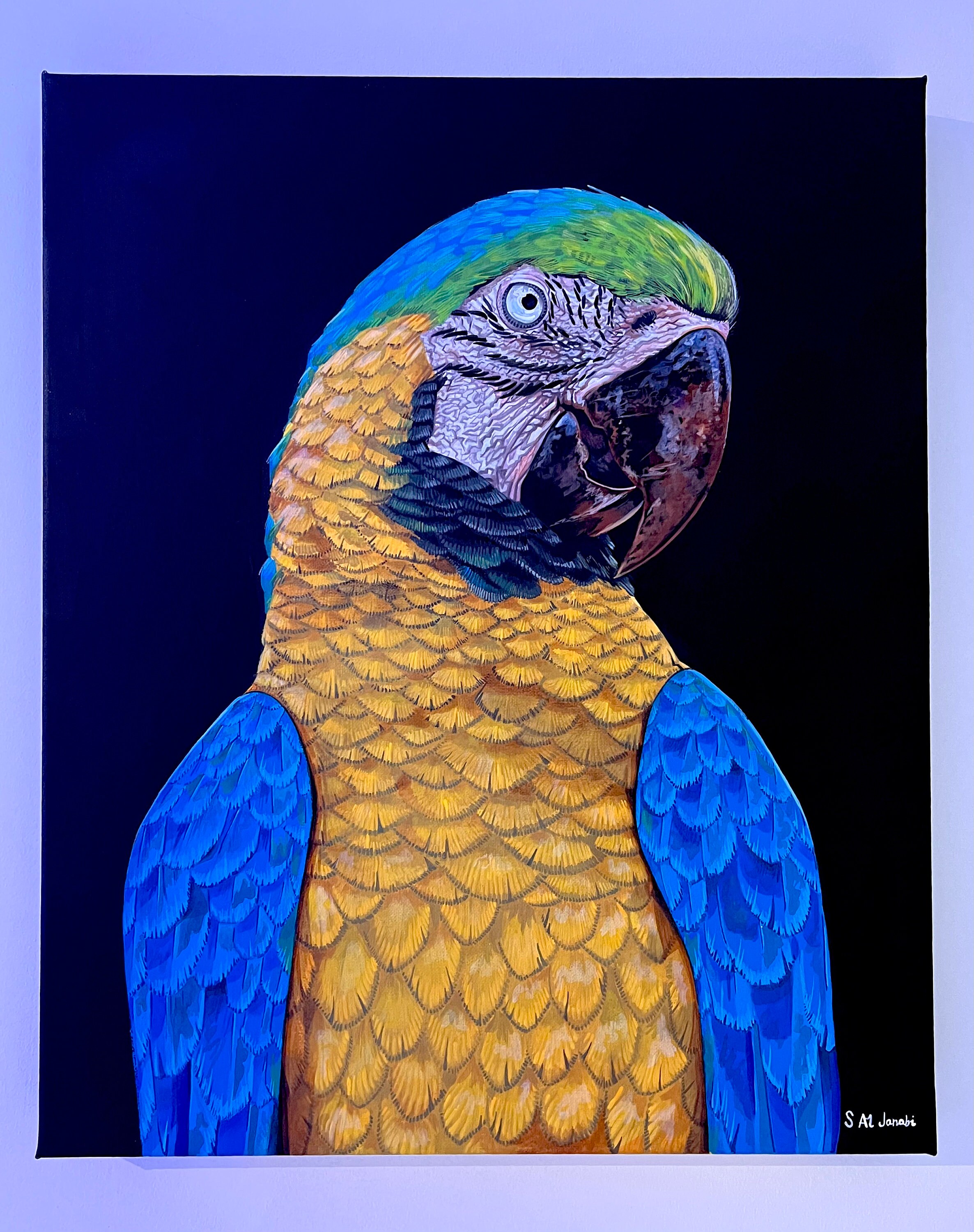 青と金色のコンゴウインコのオリジナルキャンバス絵画 - 熱帯の鳥の
