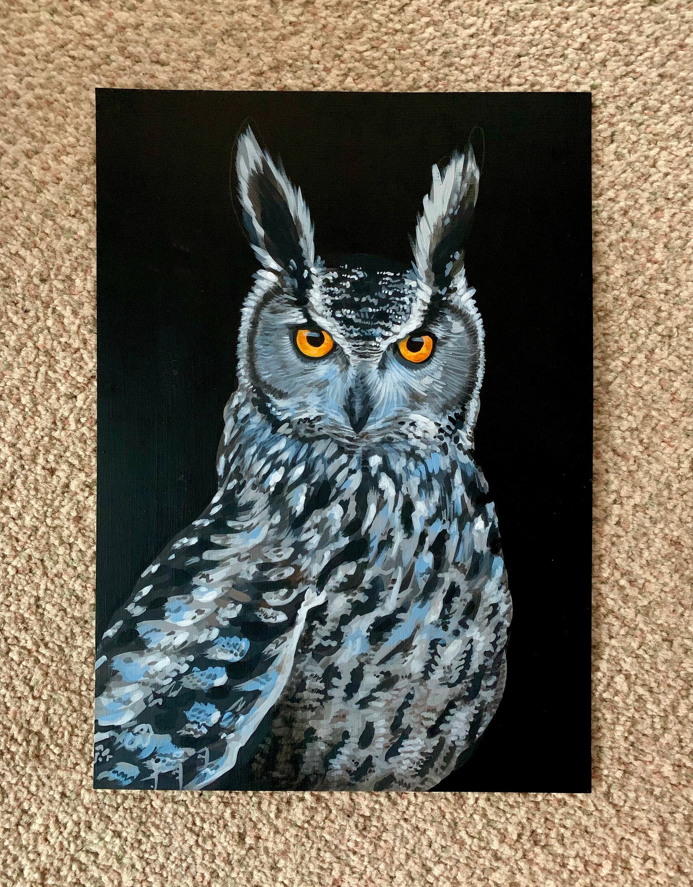 Horned Owl Painting - Original Wildlife Acrylic Art, A4