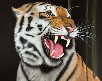 Miedo – Pintura original de tigre, arte mural de vida silvestre de gran tamaño, arte animal contemporáneo, acrílico sobre lienzo