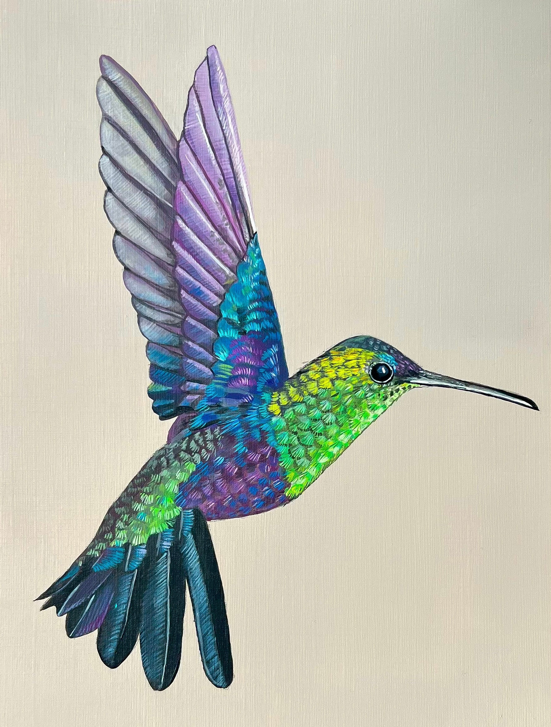 ハチドリの絵画 - 熱帯の色鮮やかな鳥のオリジナルアクリル画