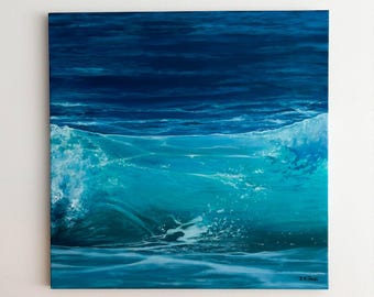 Punto de ruptura - pintura original de olas del océano 60 x 60 cm - obra de arte costera azul contemporánea