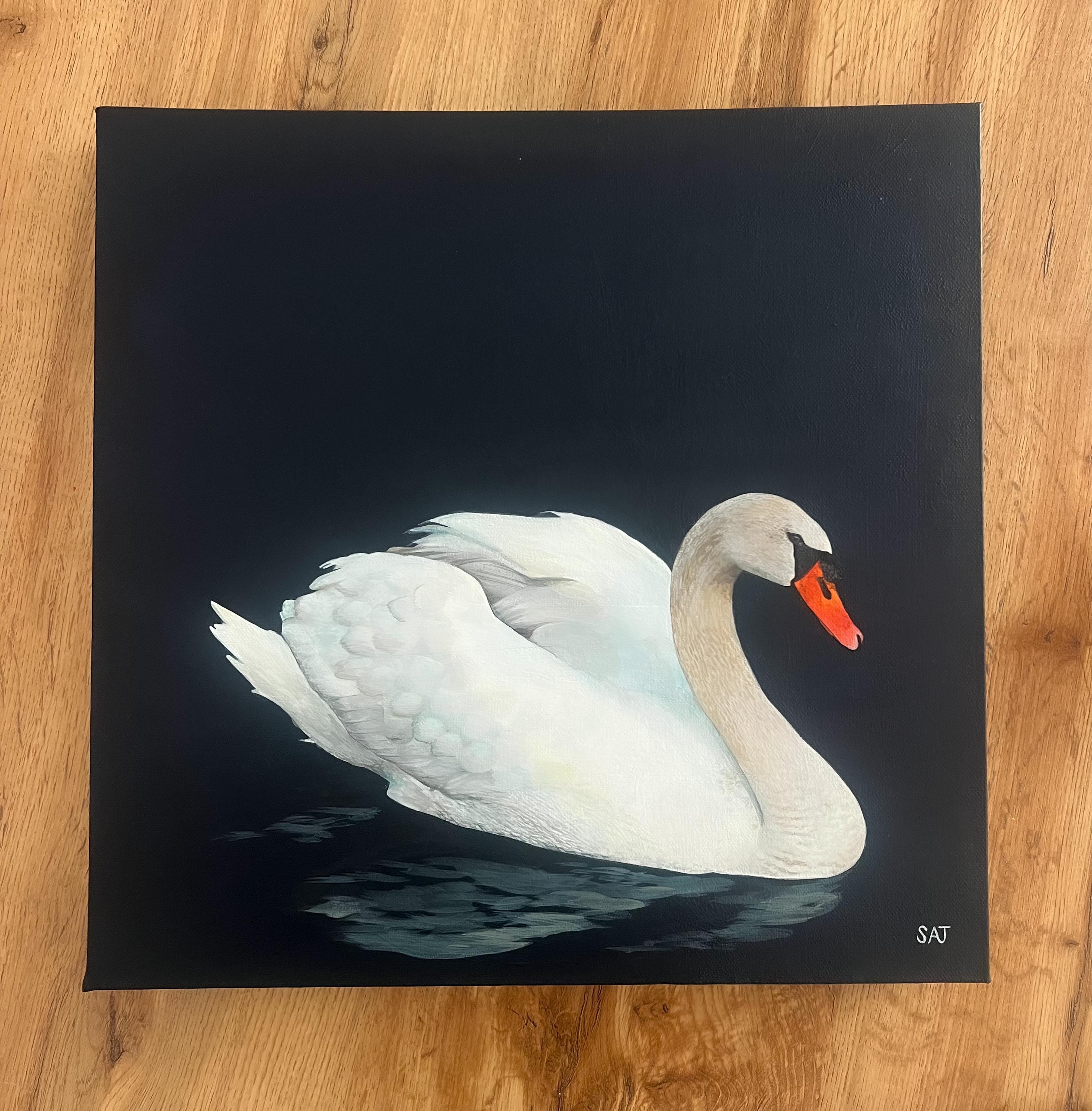 キャンバスに描かれたオリジナルの白鳥の絵画：ネイビーとホワイトの