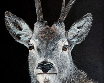 Pintura acrílica de ciervo sobre lienzo: arte de ciervos de bosques británicos