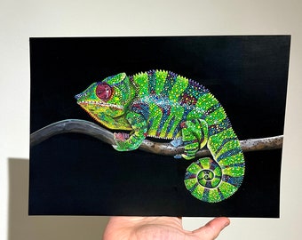カメレオンのアクリル画 - カラフルなトカゲ爬虫類ヘビアート - Etsy 日本