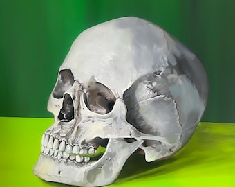 Pintura de calavera sobre verde lívido. Arte mural de bodegón de terror gótico.