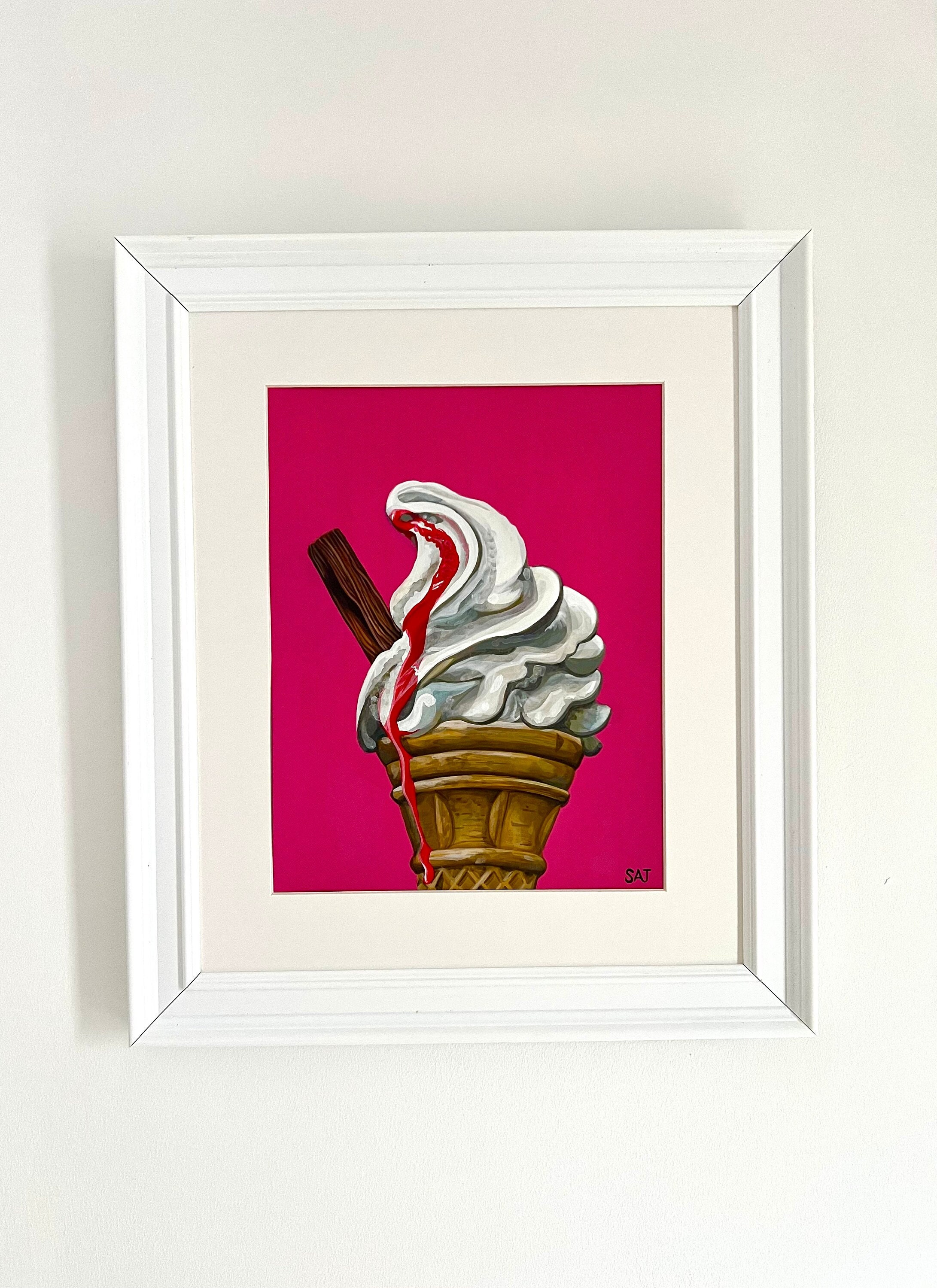 Ice Cream Cone Painting: Vanilla, Strawberry, Chocolate (10x7 Inch