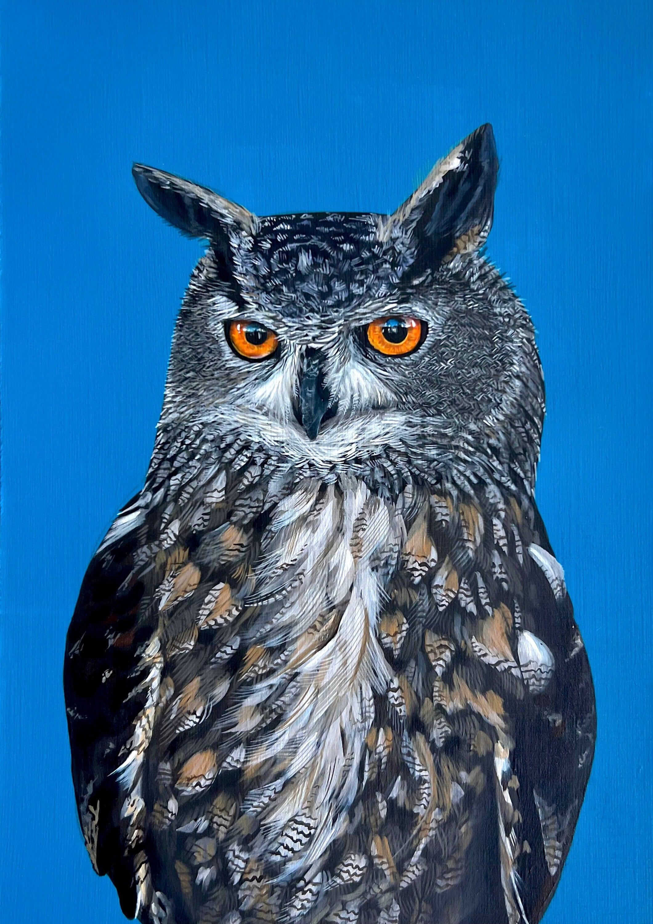 Owl acrylic painting on paper - Eagle Owl British Wildlife art