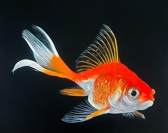 Arte mural de peces dorados: pintura original de animales con fondo negro. Obra simbólica de peces.